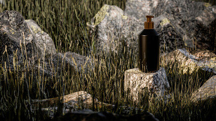 3D render of a luxury beauty product bottle on a stone pedestal in a natural outdoor setting. Ideal for showcasing cosmetic packaging in a premium, elegant scene.