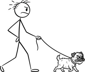 Angry stick figure walking an aggressive pug dog on leash cartoon illustration vector drawing