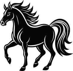 Elegant Black Horse Silhouette with Flowing Mane and Tail on White Background