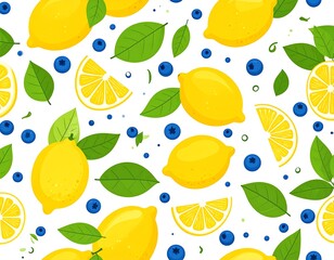 Bright yellow lemon slices & blueberries on white