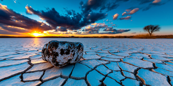 A dramatic arid landscape at sunset, featuring a lone textured rock on cracked, dry earth, with a distant tree and a vibrant sky over the horizon