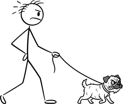 Angry stick figure walking an aggressive pug dog on leash cartoon illustration vector drawing