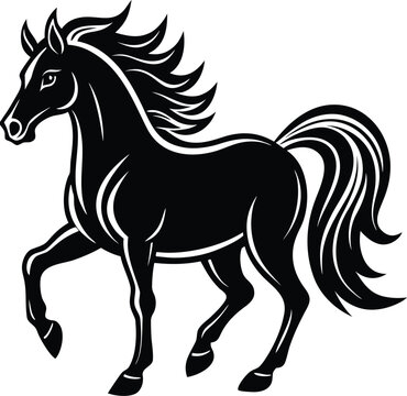 Elegant Black Horse Silhouette with Flowing Mane and Tail on White Background