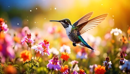 Fototapeta premium Hummingbird in vibrant flowers (1)