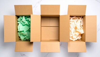 Three open cardboard boxes on a white marble surface; one filled with green packing paper, one empty, and one with beige packing paper.
