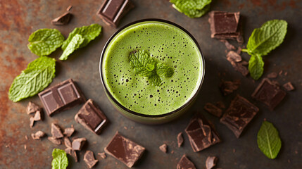 green tea chocolate bar with mint on chocolate baground