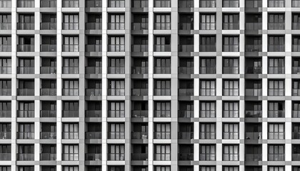 Monochromatic architectural facade showcasing rhythmic patterns of windows and balconies