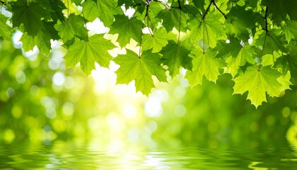Fototapeta premium Bright green maple leaves hang over a sparkling water surface, reflecting sunlight with a beautiful bokeh background of nature.