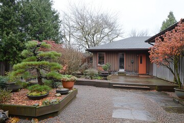 A tranquil, overcast-day view of a modest ranch-style home with a paved courtyard featuring a meticulously maintained bonsai tree in a wooden planter, 