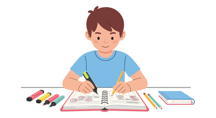 Boy diligently writing in his colorful planner using markers and pencil.
