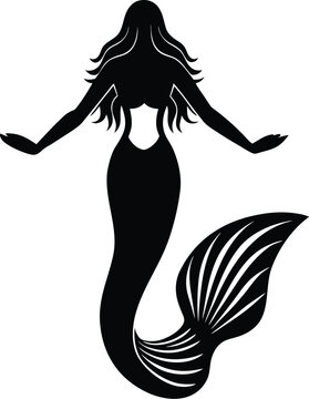 Black Silhouette of a Mermaid with Arms Outstretched Against a White Background