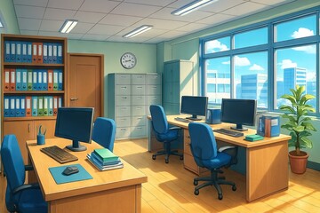 Fototapeta premium Bright, airy office space with two desks, computers, filing cabinets, and a large window overlooking a sunny cityscape. The room is styled in a vibrant, anime-influenced aesthetic