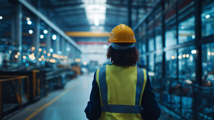 An industrial engineer in a safety helmet, portrayed in a factory setting with a soft background.