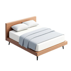 Modern wooden bed with pillows and blanket isolated on transparent background