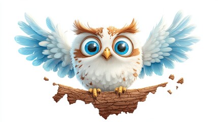 Obraz premium A fluffy owl in animation style, mid-flight emerging from a tree hollow, wings spread wide, soft feathers detailed, isolated on a white background.