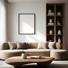 Cozy and stylish living room interior featuring a comfortable sectional sofa a modern wooden coffee table and a tall bookshelf filled with decorative items bathed in soft natural light from a large wi