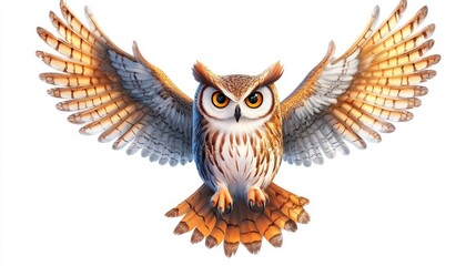 Obraz premium A fluffy owl in animation style, mid-flight emerging from a tree hollow, wings spread wide, soft feathers detailed, isolated on a white background.