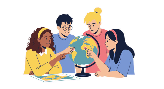 Diverse group of young people studying a globe together.