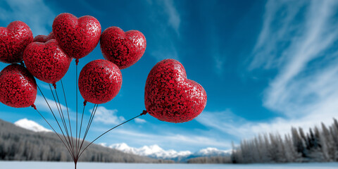 A dramatic winter landscape with vibrant red, glittery heart-shaped balloons floating above a snowy, icy lake surrounded by frosted trees and mountains under a bright blue sky
