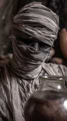 Mysterious mummy wrapped in aged bandages gazes at jar