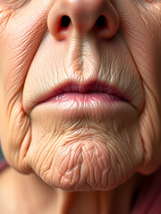 Realistic close-up of a senior woman's lower face with pronounced wrinkles and skin texture. Ideal for anti-aging, dermatology, skincare or health-related content.