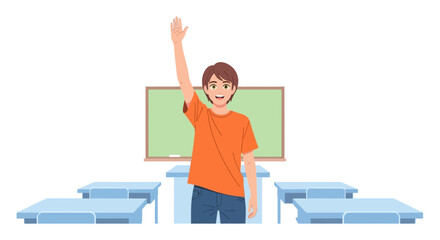 Enthusiastic Student Raising Hand in Classroom.