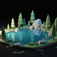 Ai generate 3d low poly with lake on the forest