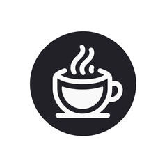 A stylized, minimalist icon depicting a steaming cup of coffee or hot beverage against a dark circular background.