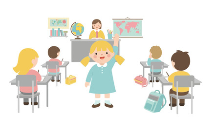 Obraz premium Schoolgirl with Blonde Pigtails Raising Hand in Classroom.