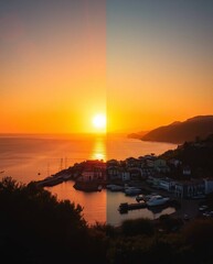 An image depicting a distinct split sunset over a peaceful fishing village, featuring bright lens flares, divided sections, bold areas, light streaks, and vibrant colors.