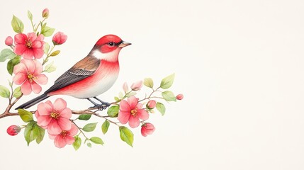 Charming bird illustration in vintage style, rendered in ink and watercolor, soft tones and fine lines, isolated on a textured ivory background