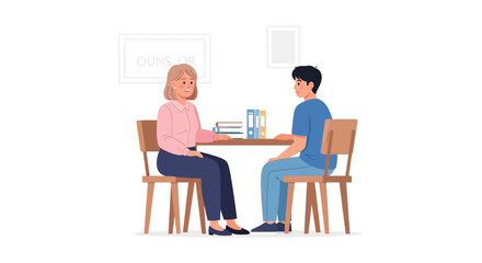 Fototapeta premium Woman and man having a conversation at a table.