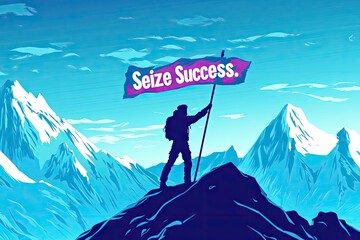 A silhouetted hiker plants a "Seize Success" banner atop a snow-capped mountain peak under a vibrant blue sky, symbolizing achievement and perseverance