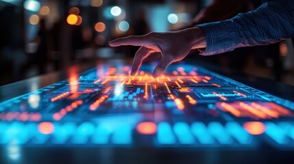 Interactive technology display. Hands interacting with glowing circuit board