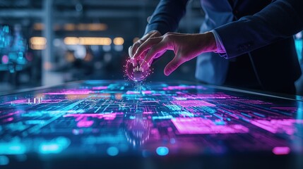 Businessman interacts with holographic data on a large interactive table