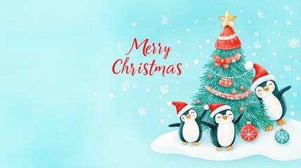 Cute penguins stacked in the shape of a Christmas tree, wearing Santa hats and scarves, with a festive "Merry Christmas" greeting on a snowy background.