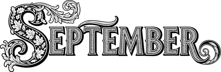 Fototapeta premium September vintage typography design vector illustration with decorative floral elements art work