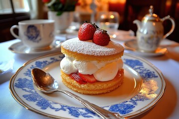 A delicate sponge cake layered with whipped cream and fresh strawberries, dusted with powdered sugar, sits on a patterned plate alongside a teacup and teapot, 
