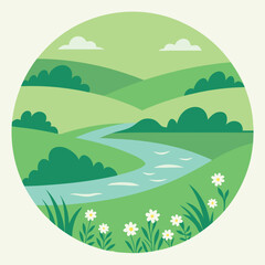 Fototapeta premium -serene-river-valley-with-verdant-fields--wildflow.eps