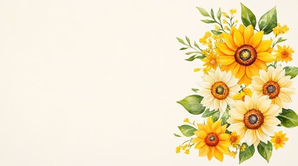 Elegant vintage sunflower design in soft watercolor tones, delicate detailing in ink,on a center isolated on an ivory canvas background