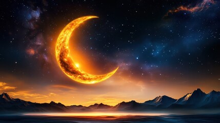 Fototapeta premium Golden crescent moon shimmers with stardust above a flat horizon and dark mountains, its light casting soft glow across the starry night.