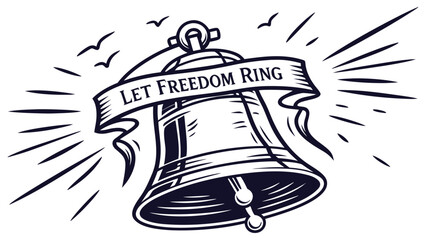 Freedom in Monochrome &ndash; Clean Line Art of Liberty Bell with &ldquo;Let Freedom Ring&rdquo; Banner in Black & White