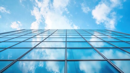 A modern glass skyscraper with a blue sky and white clouds as its background.
