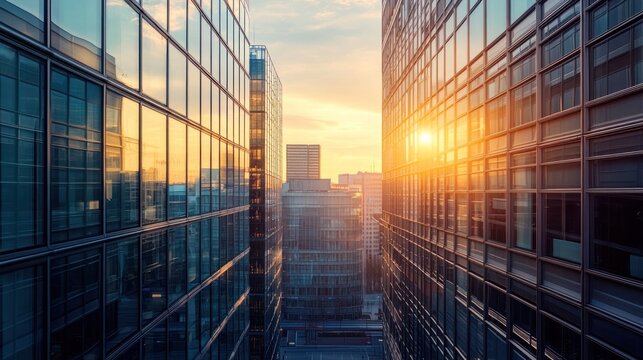 Two modern glass skyscrapers with reflective windows against a vibrant sunset sky.