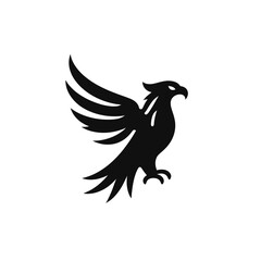 Stylized black silhouette of a powerful eagle, wings spread, poised for flight.