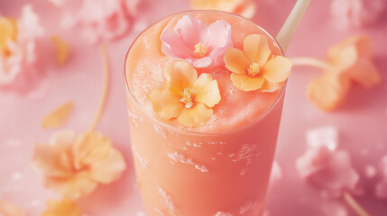 close up of pink tulips candy on top of juice pink in glass