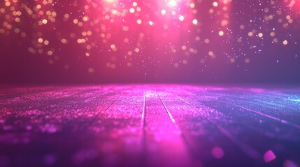 A vibrant, colorful stage with pink and purple lights and glittering particles, creating a festive and energetic atmosphere.