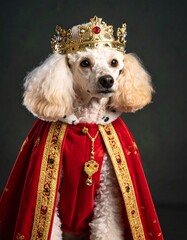 Dog (poodle or bulldog) wearing a royal red robe and crown with gold embroidery