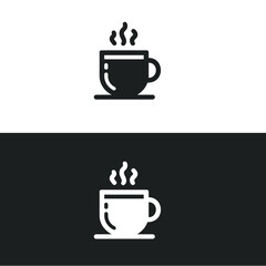 A steaming cup of coffee, simple icon, black and white variations.