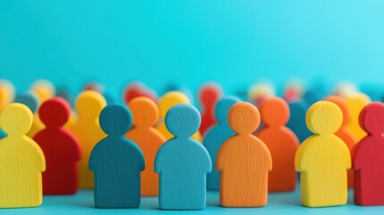 A group of colorful wooden figures standing in front of a blue background.